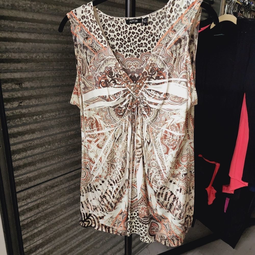 Apt. 9 XL Brown Damask Paisley Cheetah Rhinestone Sleeveless V Neck Blouse